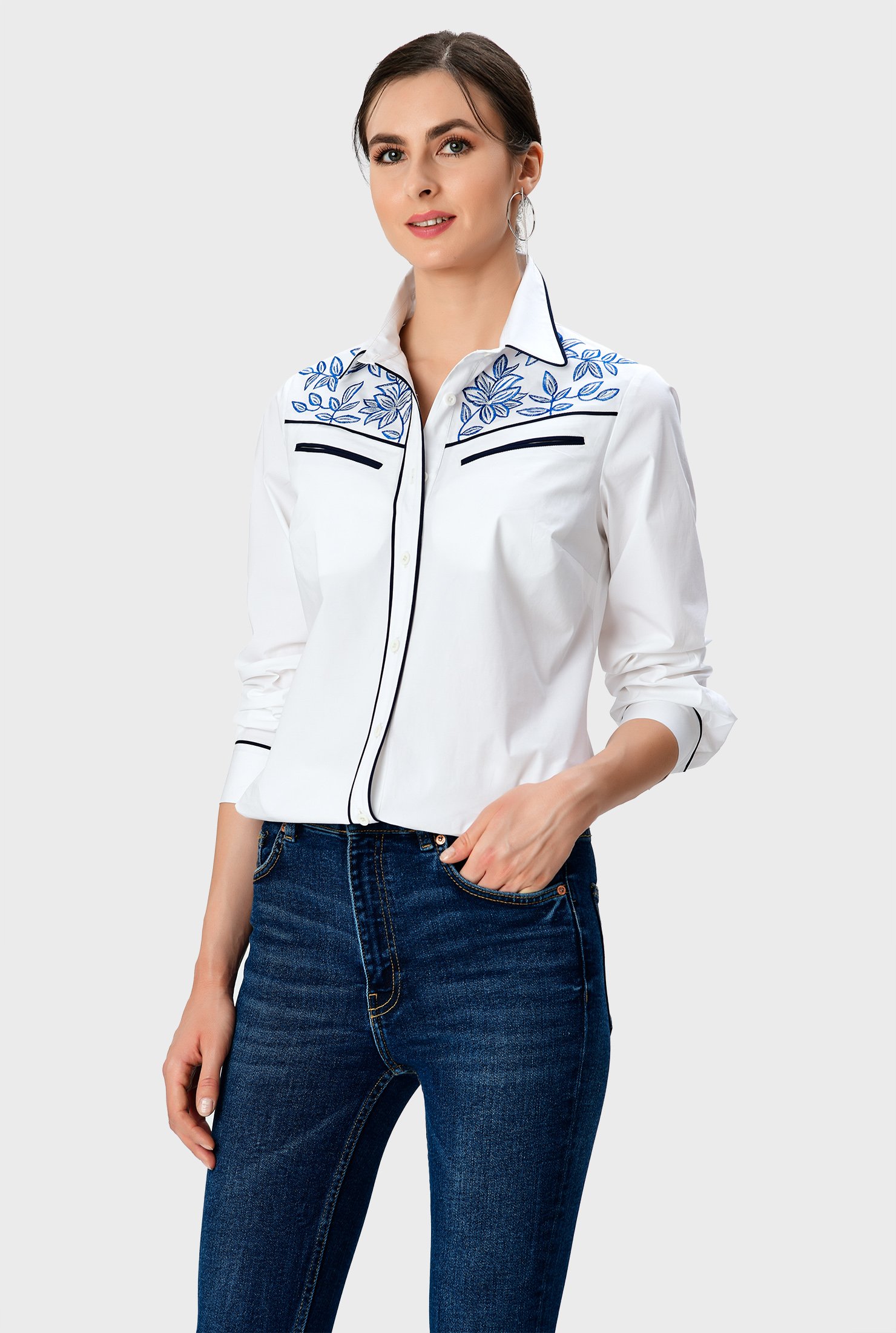 Shop Contrast trim leafy embroidery cotton poplin shirt | eShakti