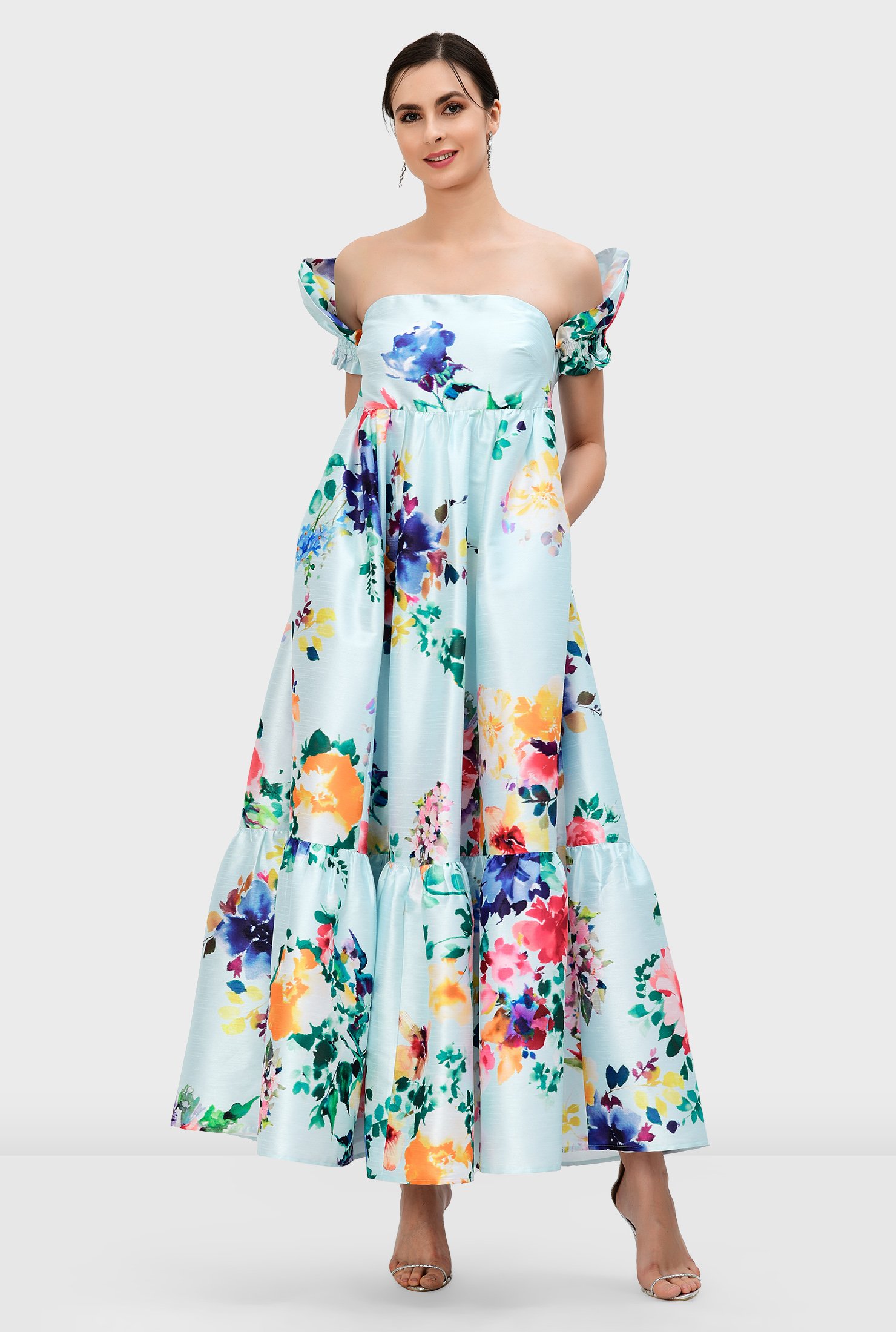 Shop Puff Sleeve Floral Print Dupioni Strapless Maxi Dress Eshakti