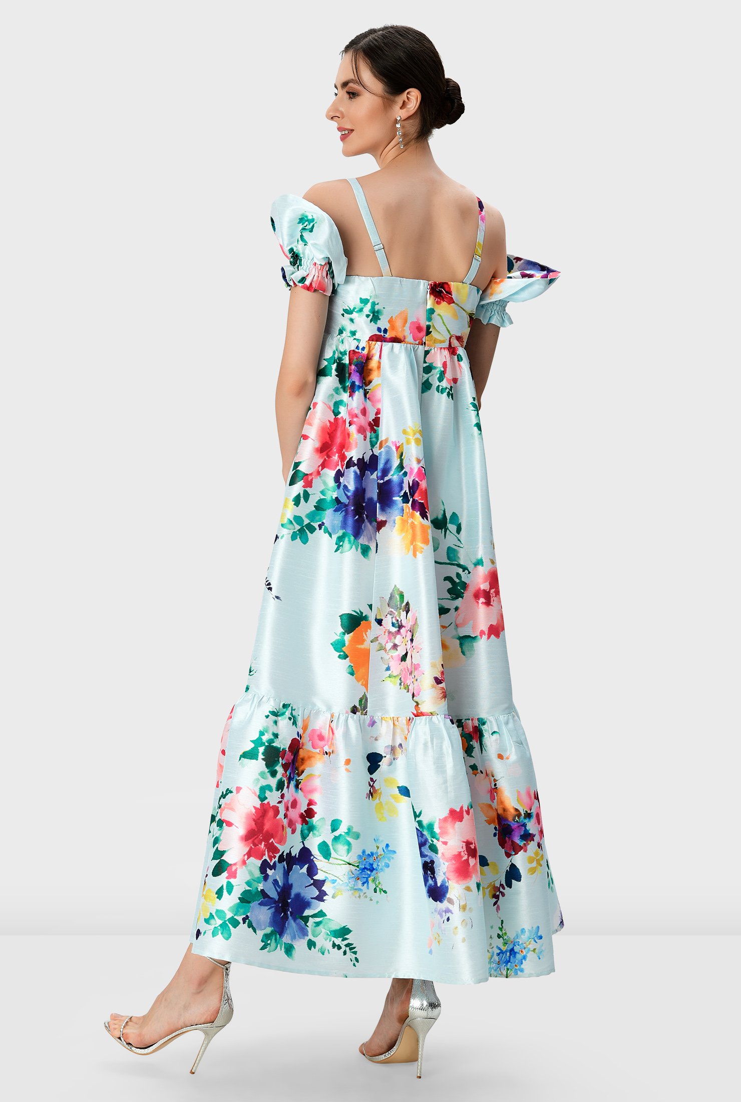 Shop Puff Sleeve Floral Print Dupioni Strapless Maxi Dress Eshakti 0696