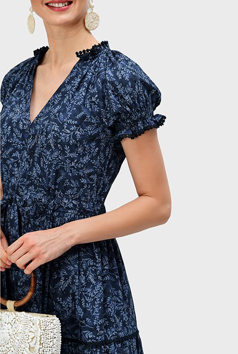 Shop Lace trim leaf print cotton tiered dress | eShakti
