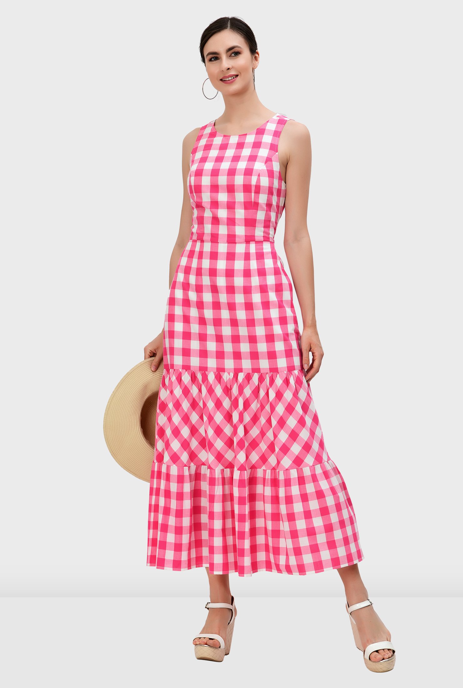 Shop Cutout Back Gingham Check Cotton Tier Dress Eshakti