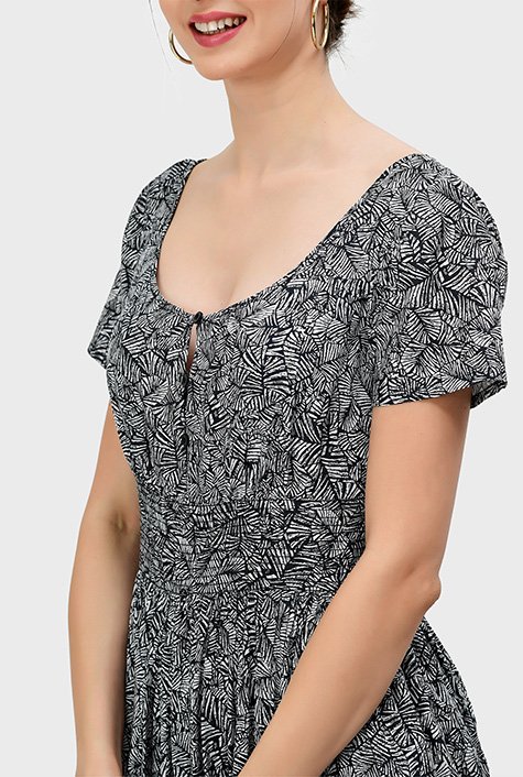 Shop Ruffle flounce hem graphic leaf print cotton blend dress | eShakti