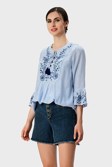 Shop Floral embroidery pinstripe cotton voile tunic | eShakti
