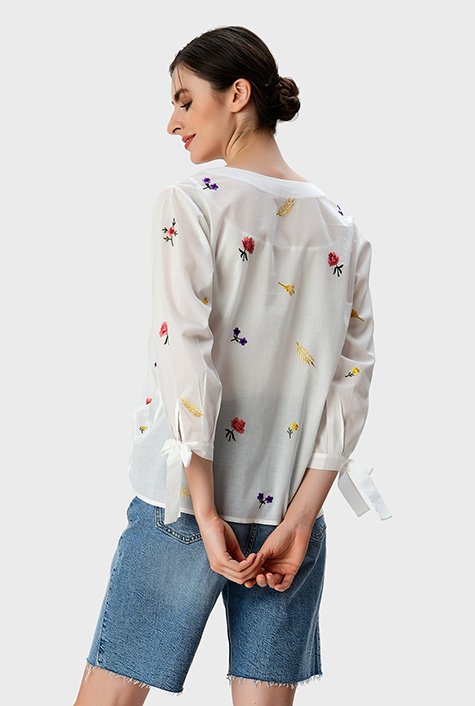 Floral embroidery tie-cuff cotton voile shirt