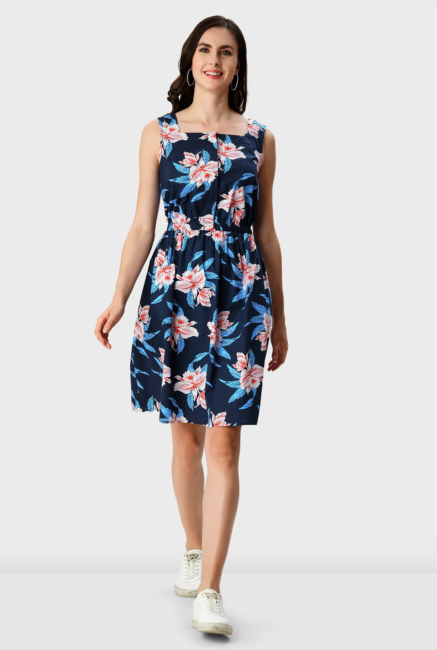 Shop Floral print cotton elastic waist dress | eShakti