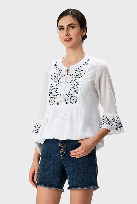 Shop Floral embroidery cotton voile tunic | eShakti