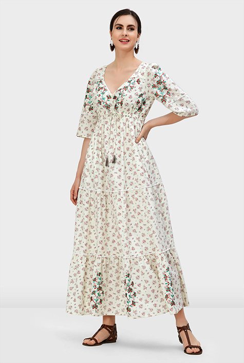 Shop Floral embroidery rose print cotton lace trim tiered dress