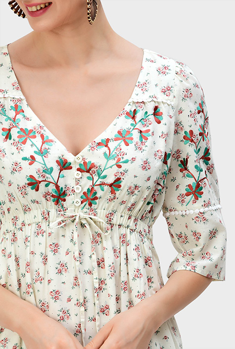 Shop Floral embroidery rose print cotton lace trim tiered dress