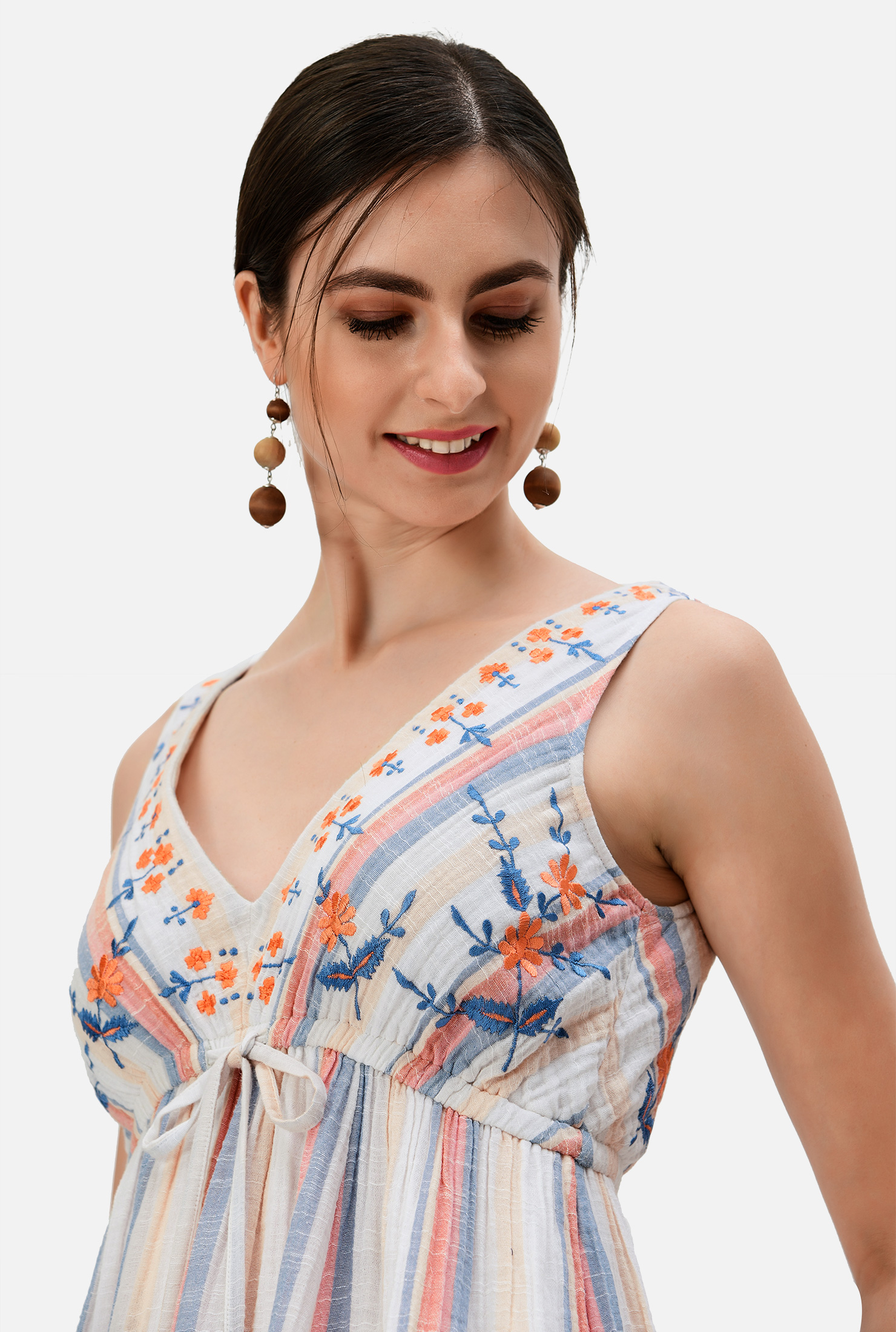 Shop Floral embroidery stripe cotton gauze drawstring empire dress eShakti