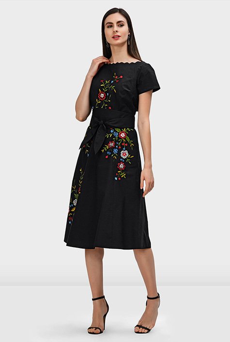 Shop Obi belt floral embroidery cotton poplin scallop trim dress