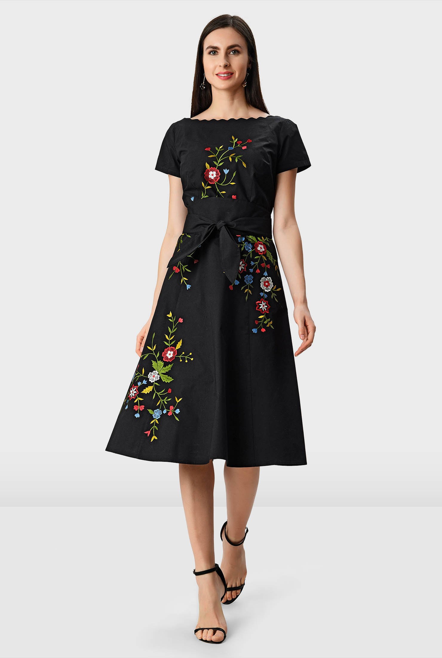 Obi belt floral embroidery cotton poplin scallop trim dress