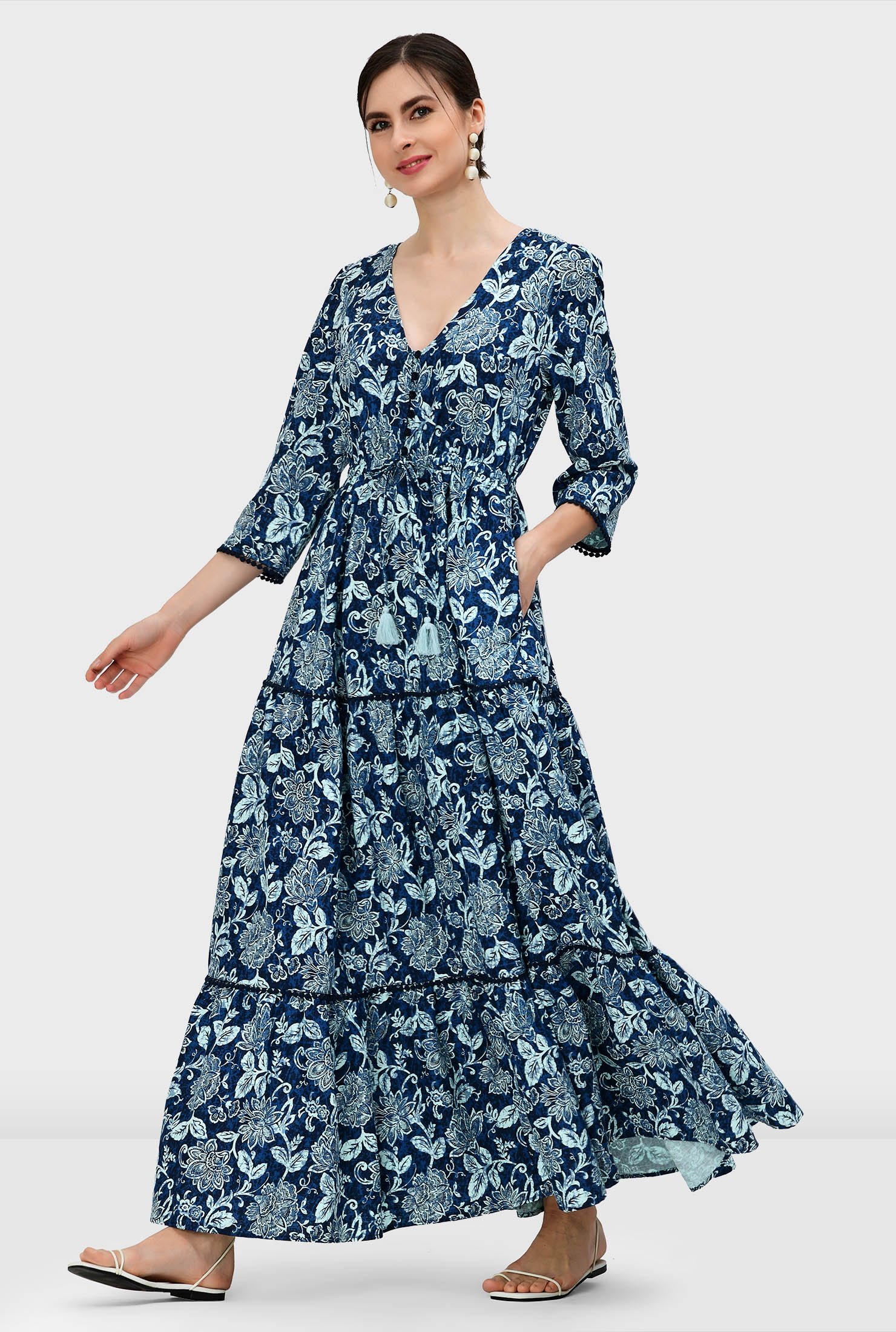Shop Indigo floral print linen blend tiered maxi dress | eShakti