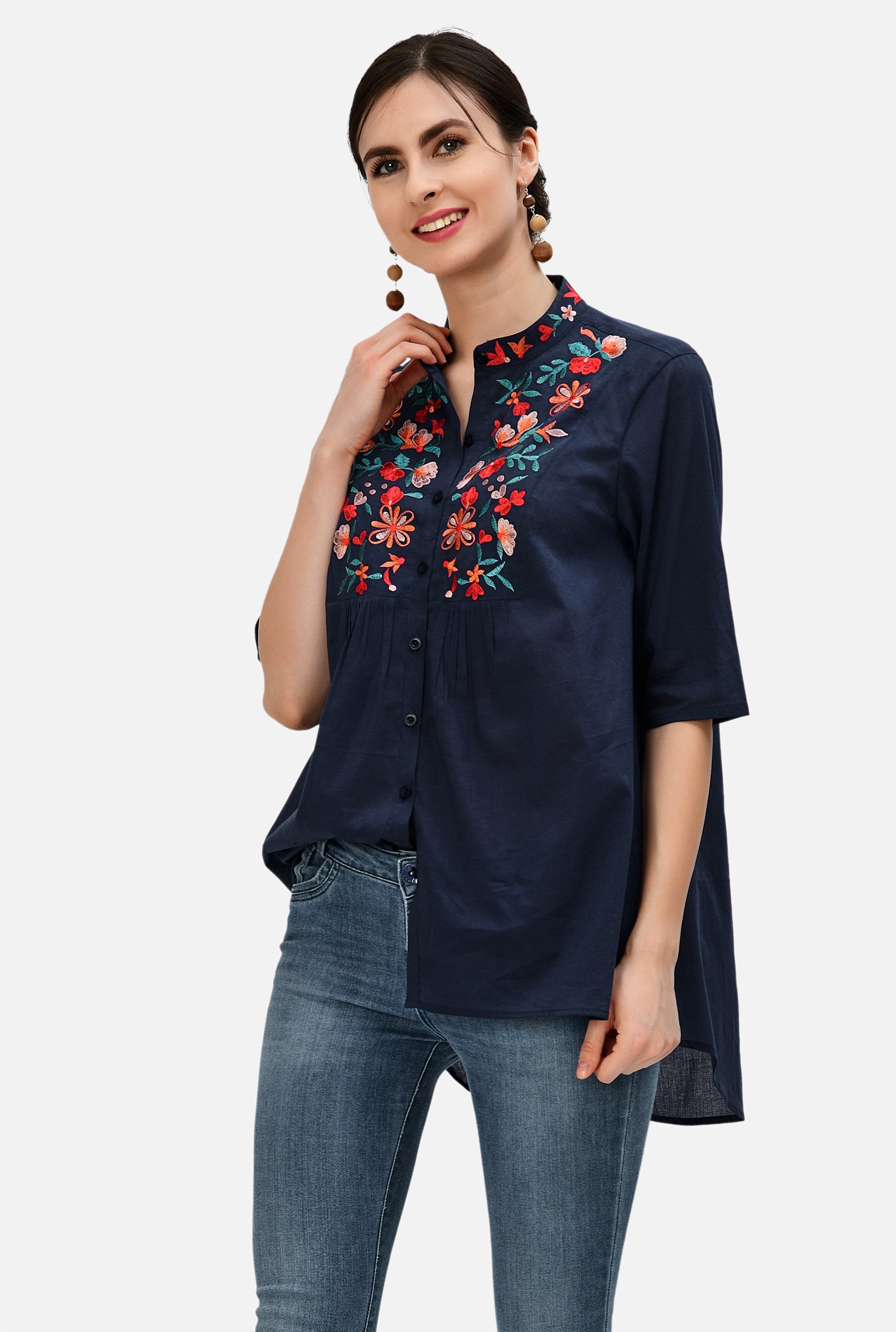 Shop Floral embroidery cotton voile tunic shirt | eShakti