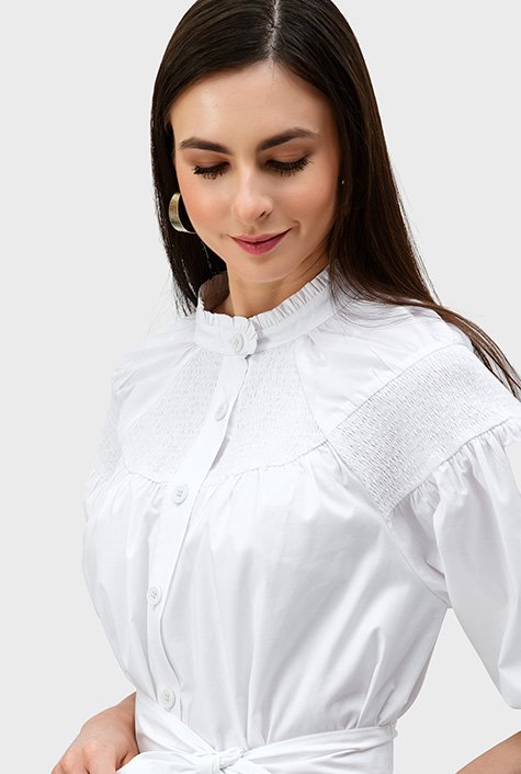 Shop Smocked cotton poplin shift shirtdress | eShakti