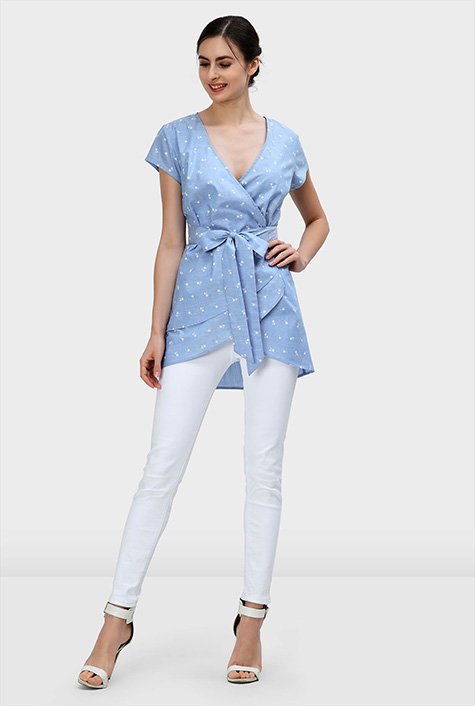 Cotton Chambray Wrap Top for Women