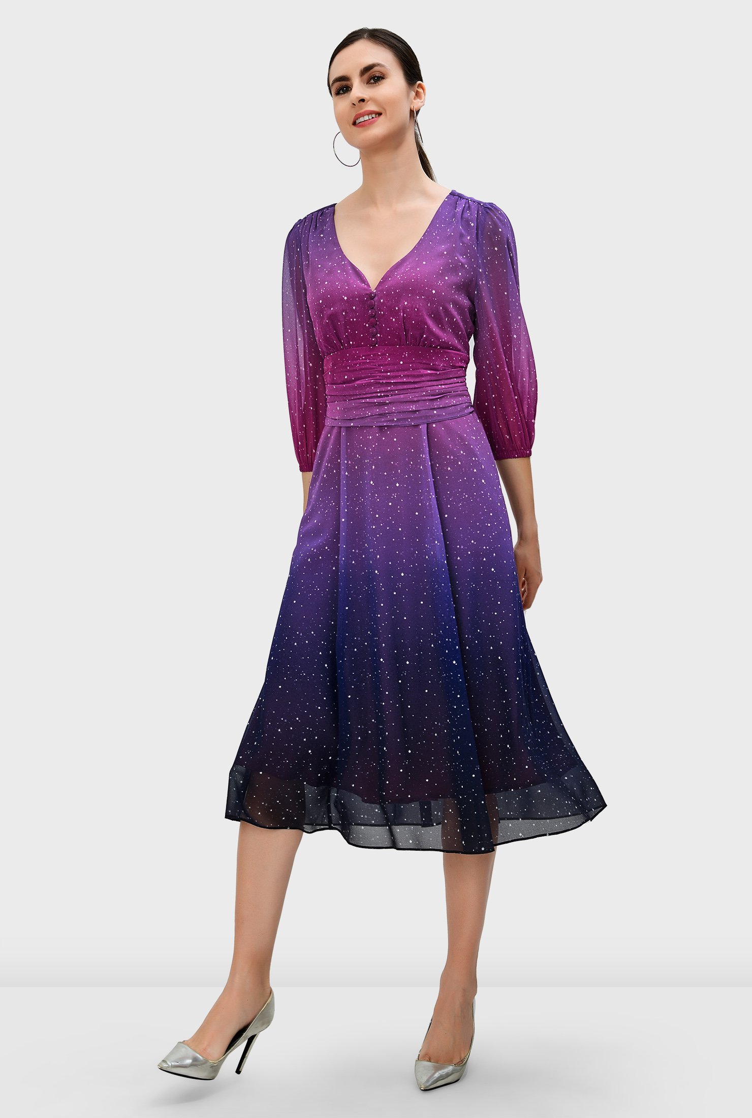 Shop Ombre star print georgette pleated empire dress | eShakti