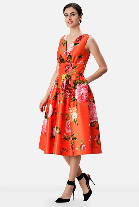 Shop Floral print dupioni banded empire dress