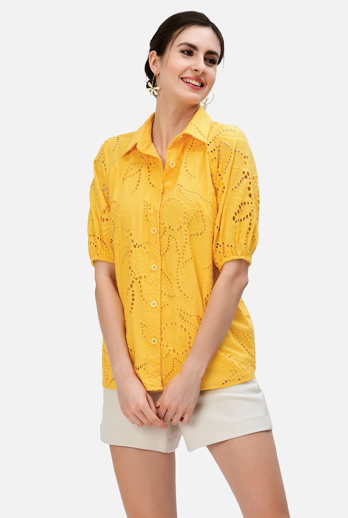 Shop Large keyhole back cotton eyelet shirt | eShakti