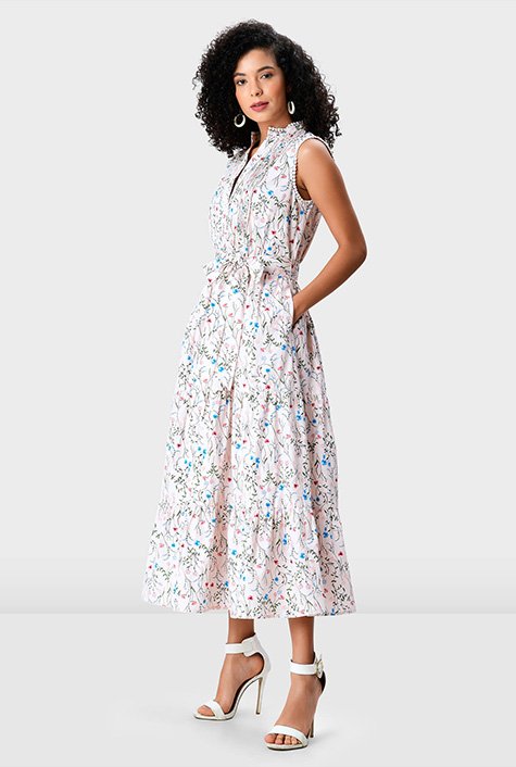 Shop Pintuck pleat floral print cotton tier shirtdress | eShakti