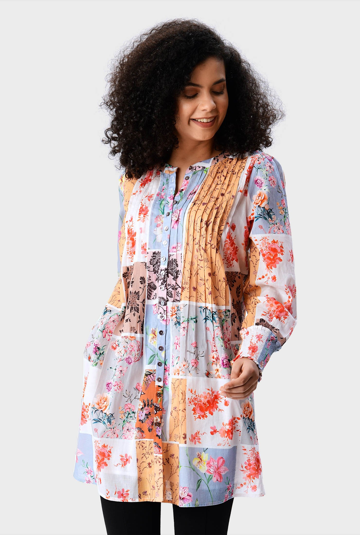 Shop Pintuck pleat floral patch print cotton voile tunic | eShakti