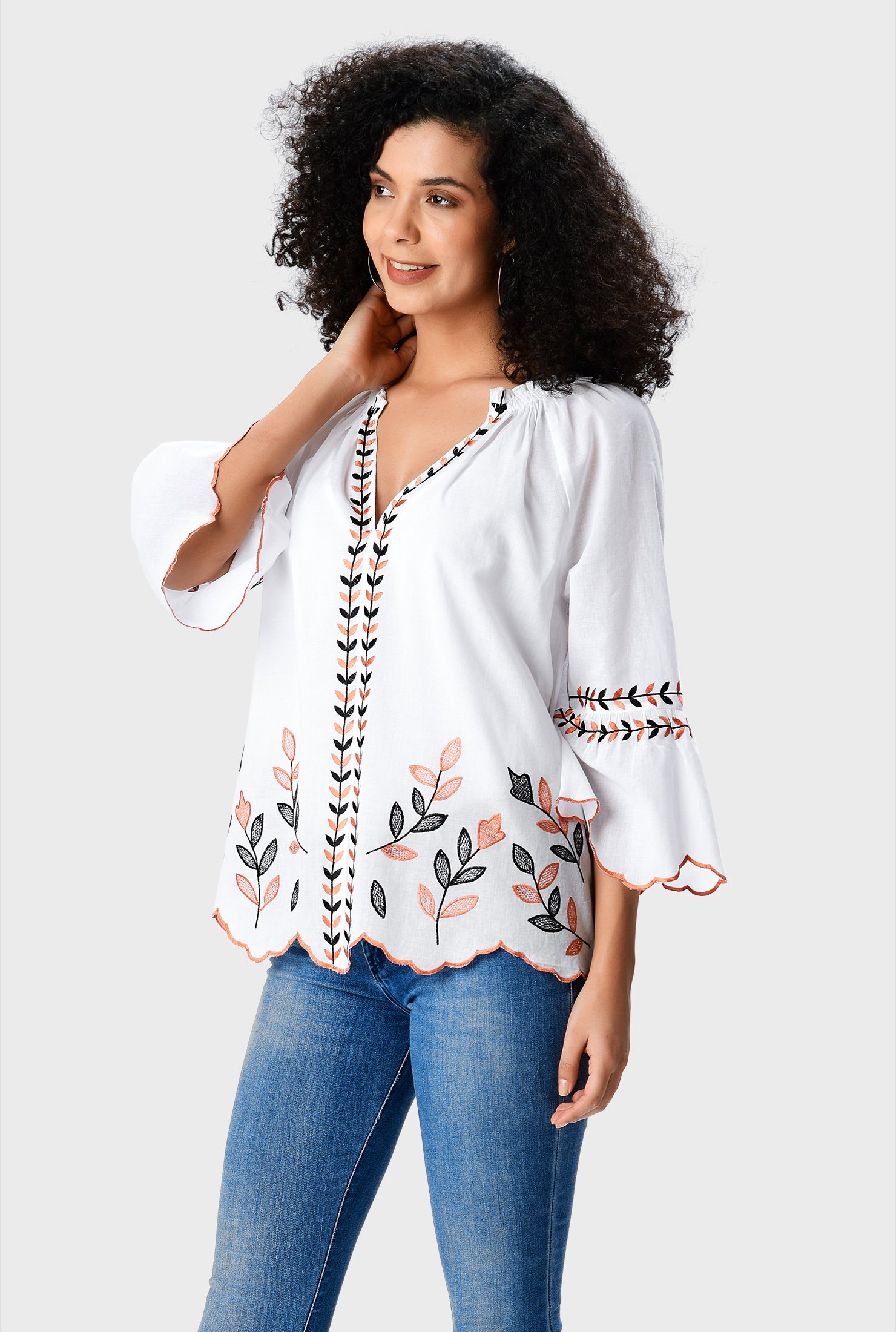 Shop Floral embroidery cotton voile scallop trim top | eShakti