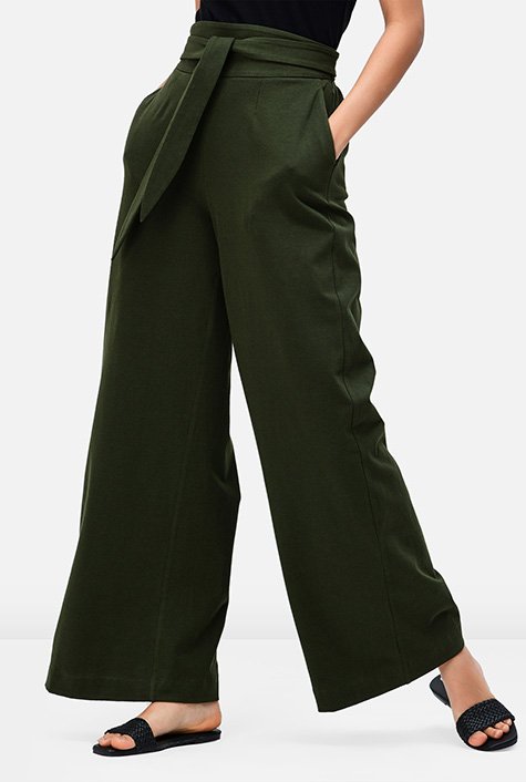 Wide-leg cotton jersey sash-tie pants