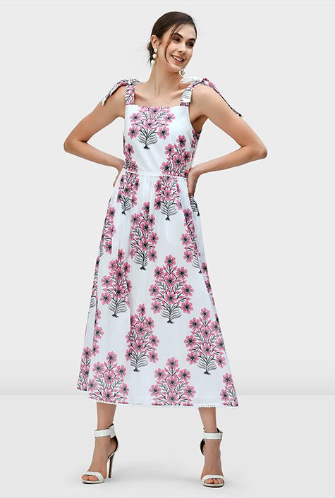 Bow tie shoulder lace trim floral print cotton voile dress