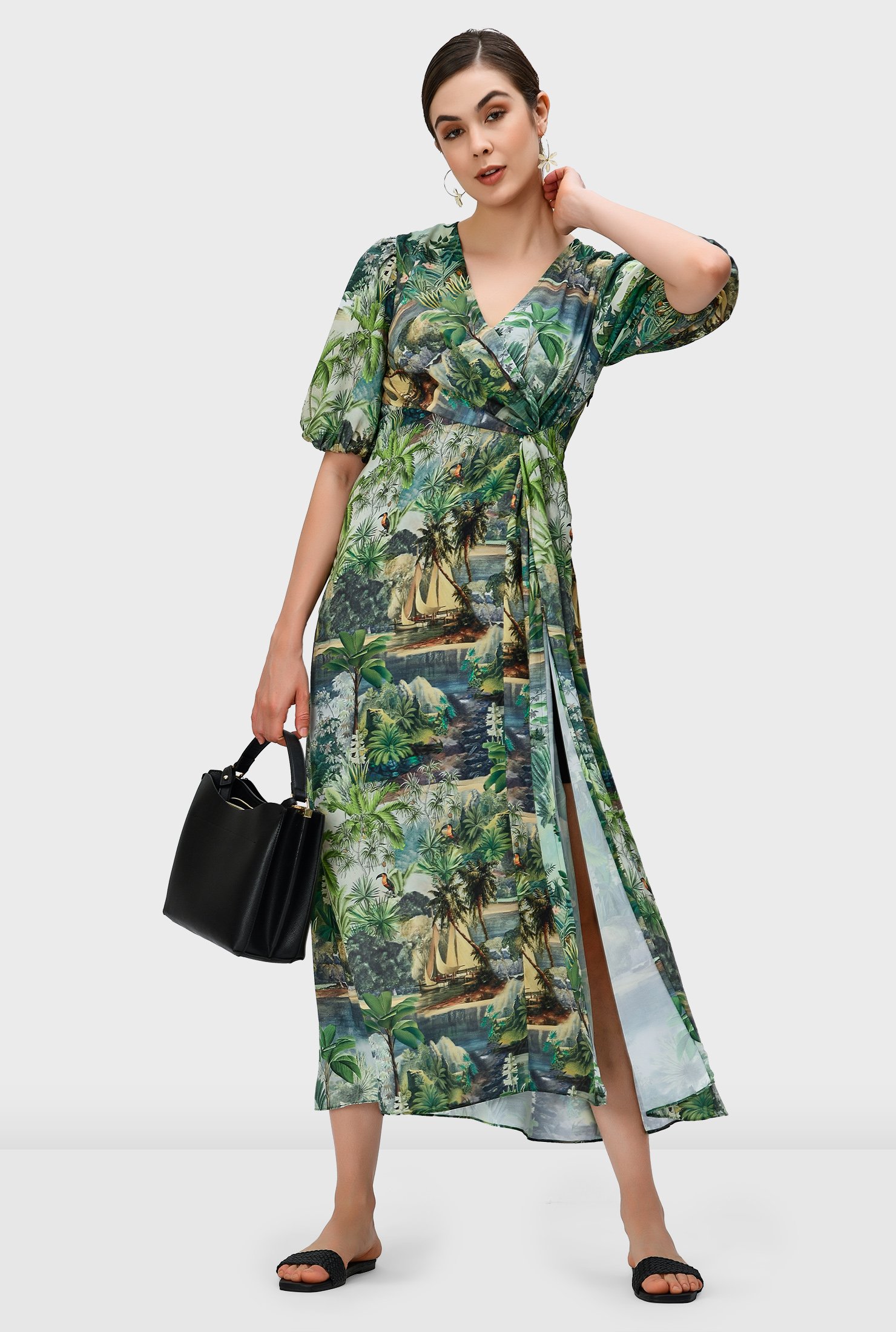 Shop Vented tropical print crepe surplice dress | eShakti