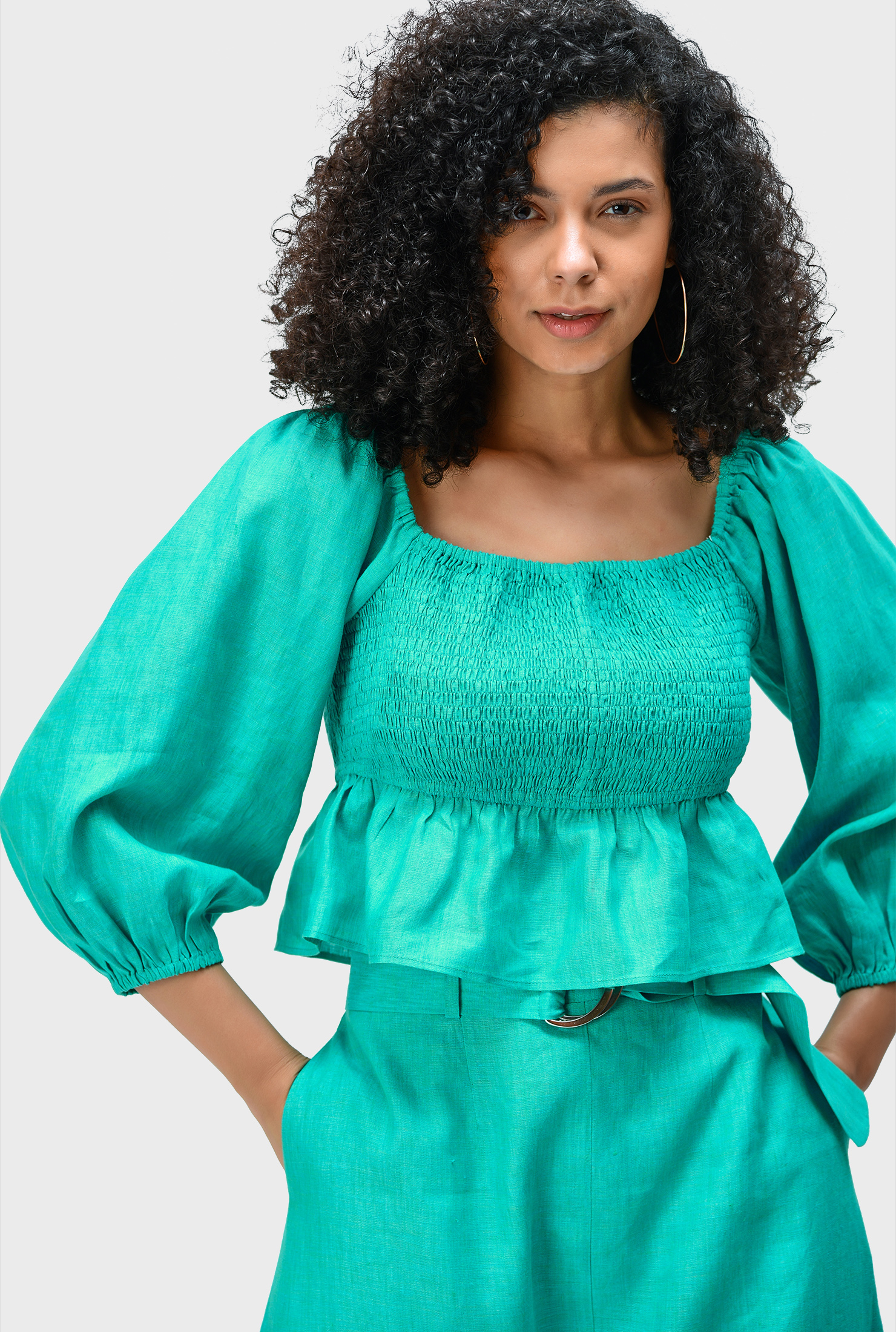 Shop Smocked peplum linen crop top and skirt set | eShakti