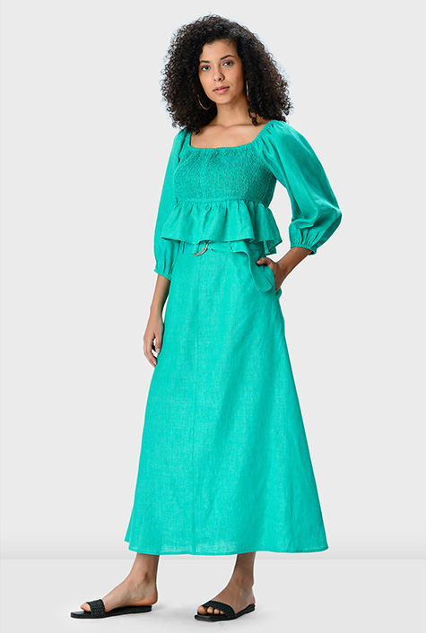 Shop Smocked peplum linen crop top and skirt set | eShakti