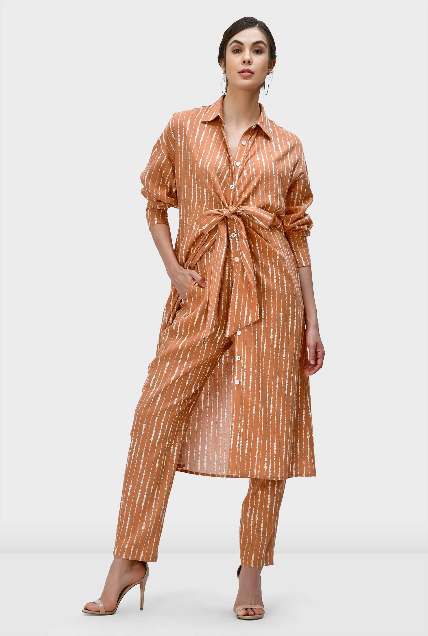 Shop Bow-tie tie-dye stripe linen blend long tunic and pant set