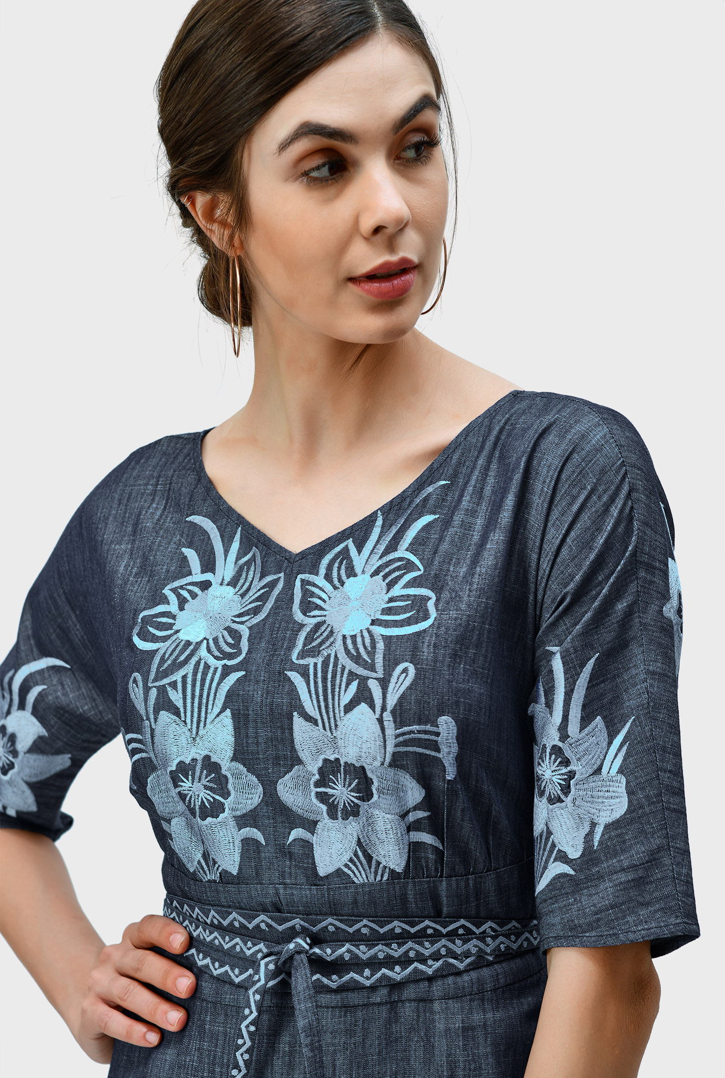 Shop Floral embroidery cotton chambray maxi dress eShakti