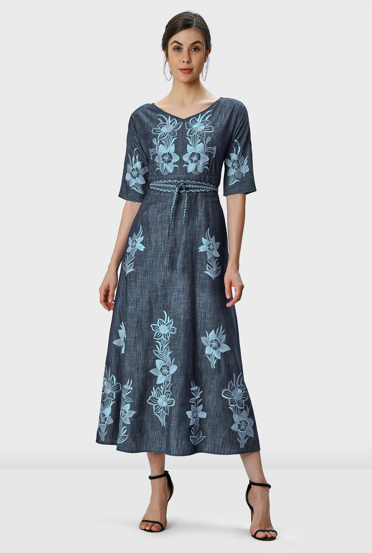 Shop Floral embroidery cotton chambray maxi dress eShakti