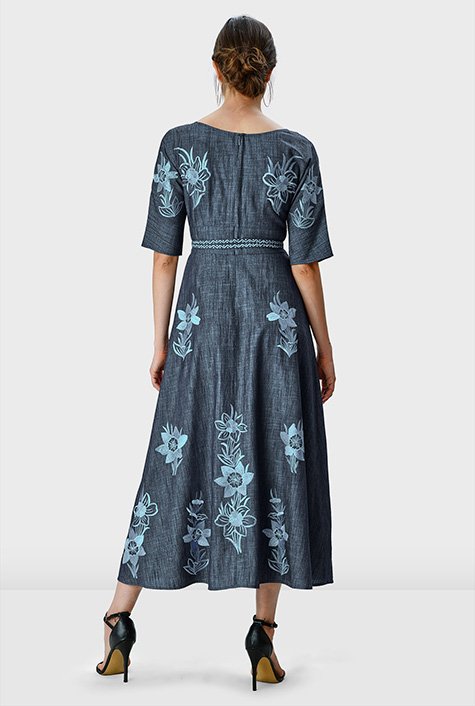 Shop Floral embroidery cotton chambray maxi dress | eShakti