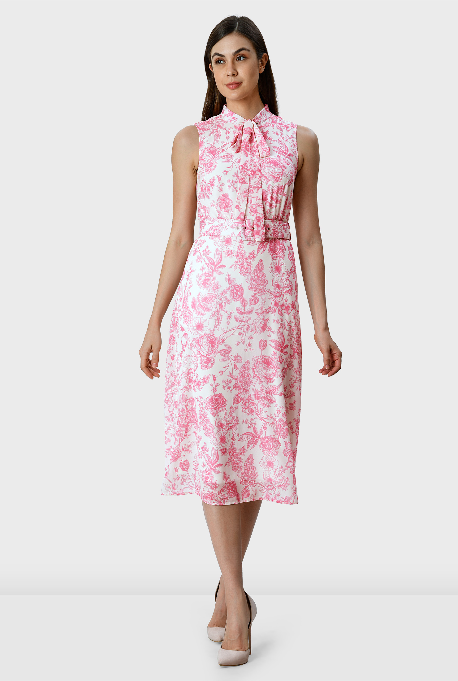 Shop Tie neck floral print belted dress eShakti
