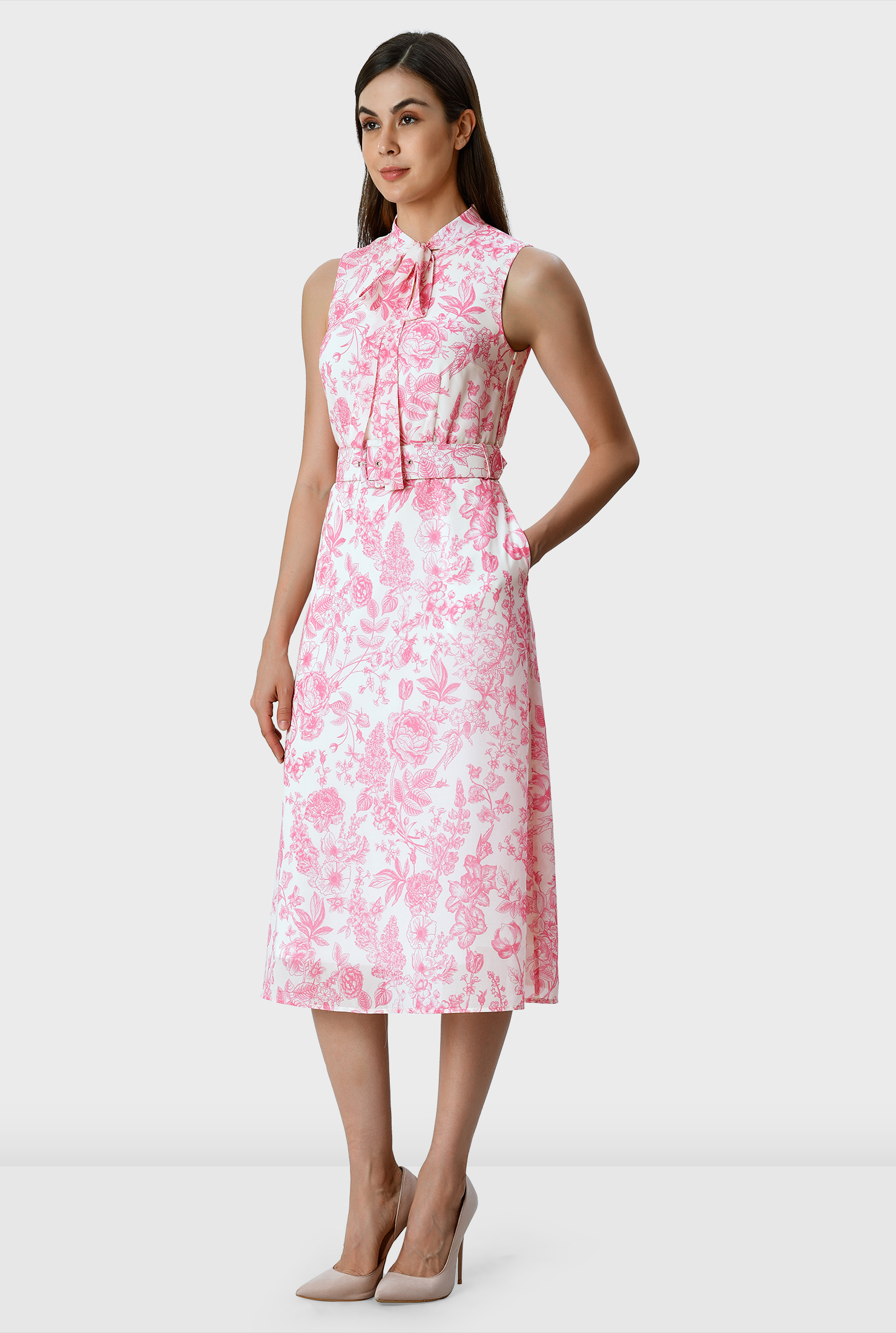 Shop Tie neck floral print belted dress eShakti