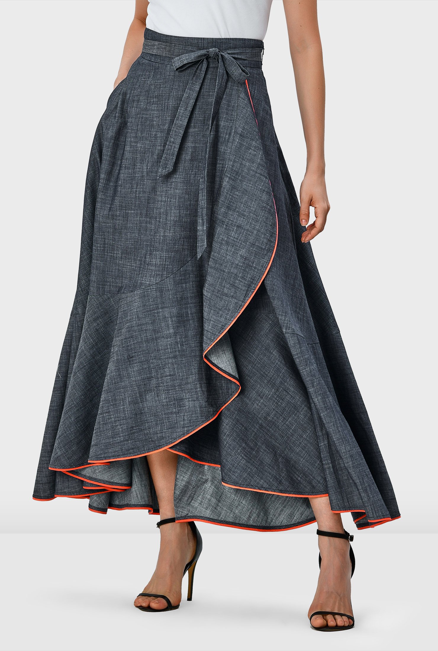 Shop Contrast trim cotton chambray faux wrap skirt eShakti