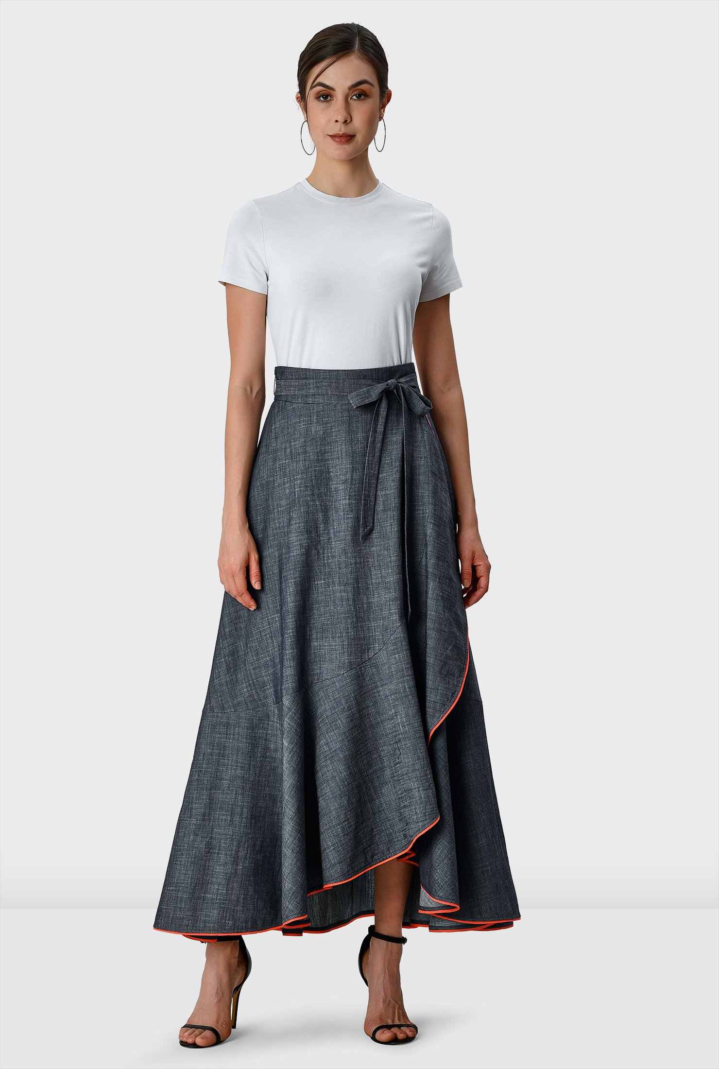 Shop Contrast trim cotton chambray faux wrap skirt | eShakti