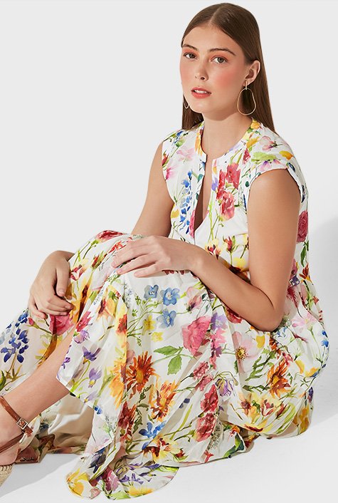 Watercolor floral print georgette tiered shirtdress
