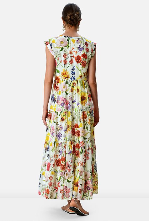 Watercolor floral print georgette tiered shirtdress
