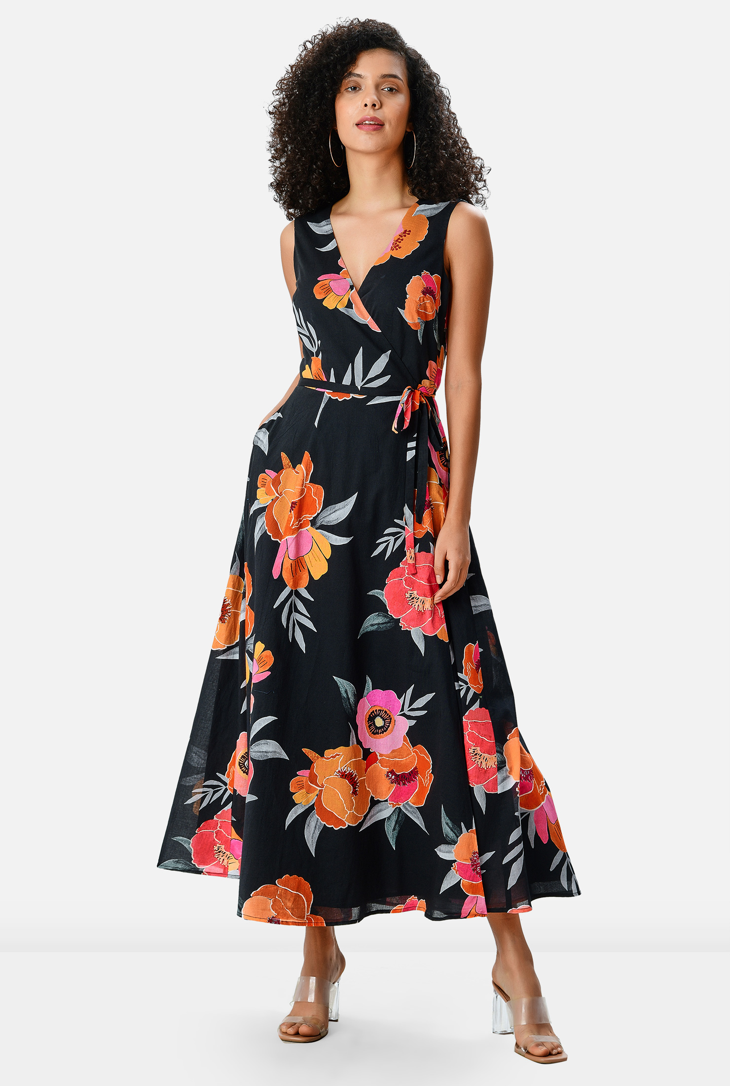 Shop Floral print cotton voile wrap dress eShakti