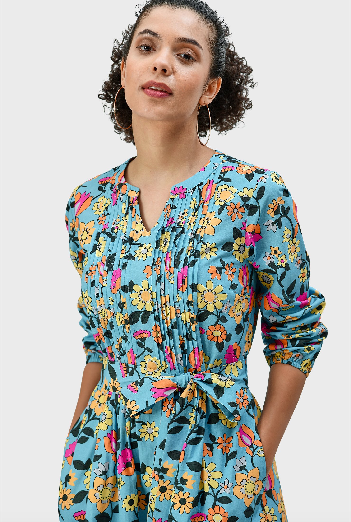 Shop Pintuck pleat floral print cotton poplin dress | eShakti