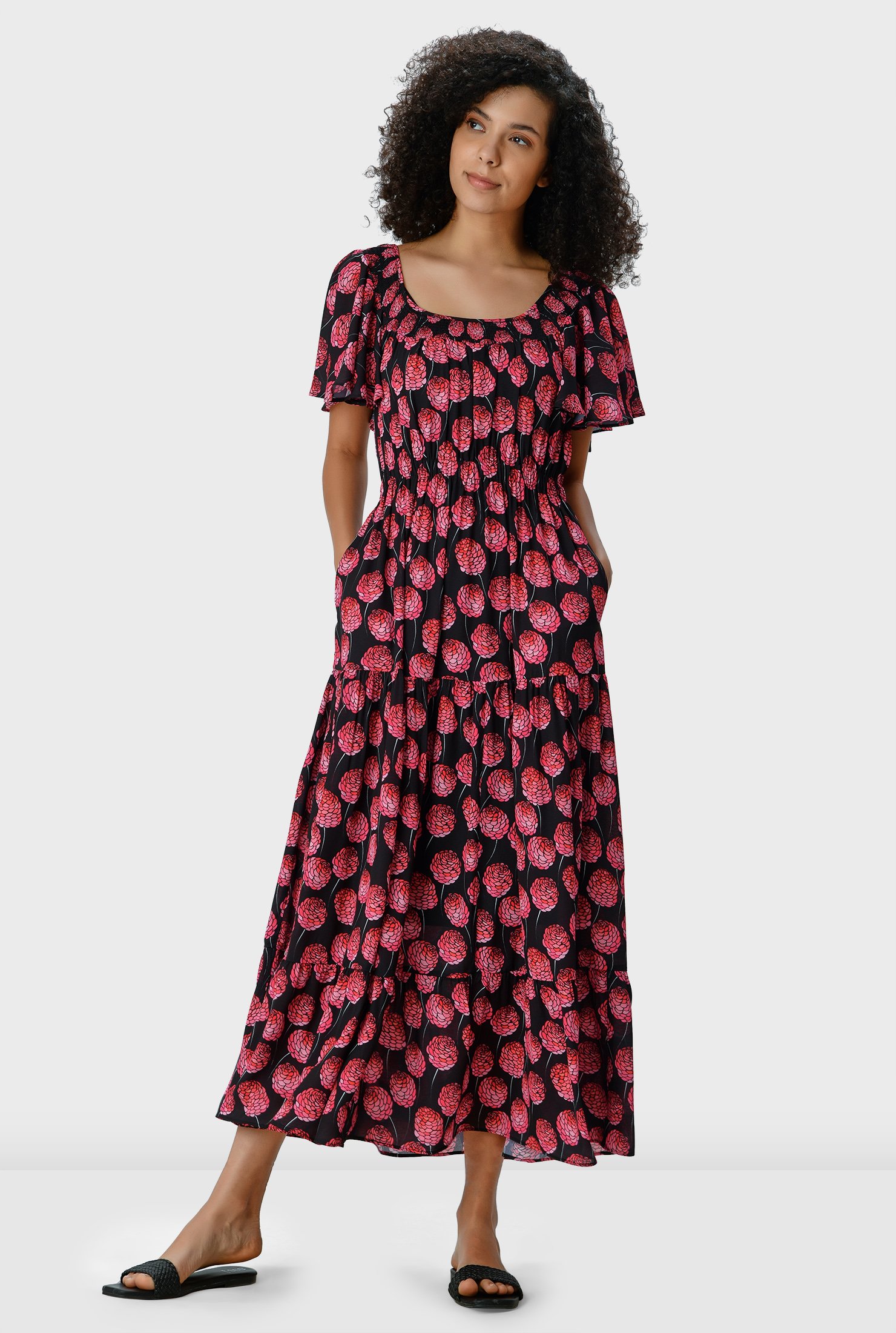 Shop Smocked floral print crepe tiered maxi dress | eShakti