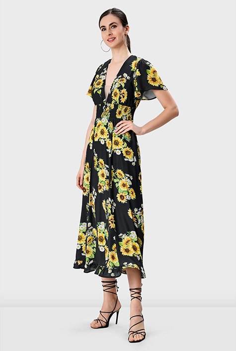 Button sunflower print midi dress hotsell