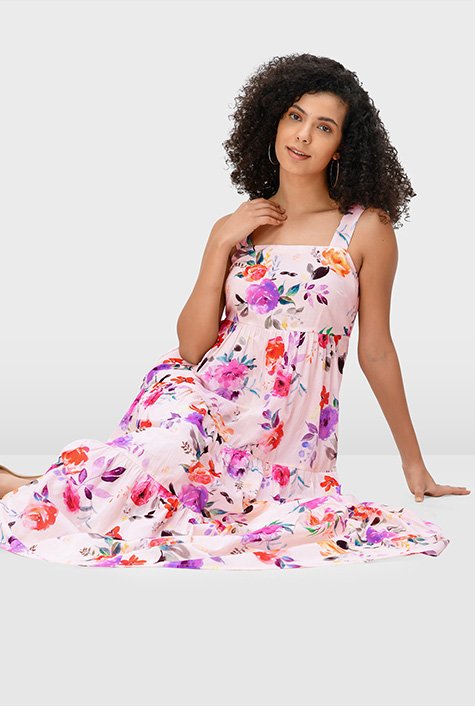 Watercolor floral print cotton voile tiered dress
