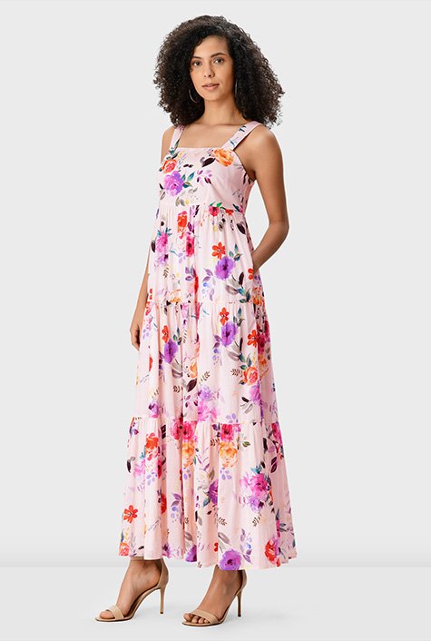 Watercolor floral print cotton voile tiered dress