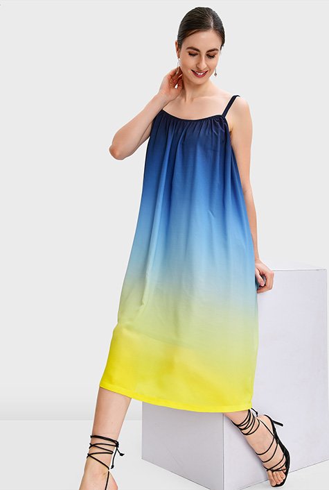 Ombre print crepe ruched slip dress