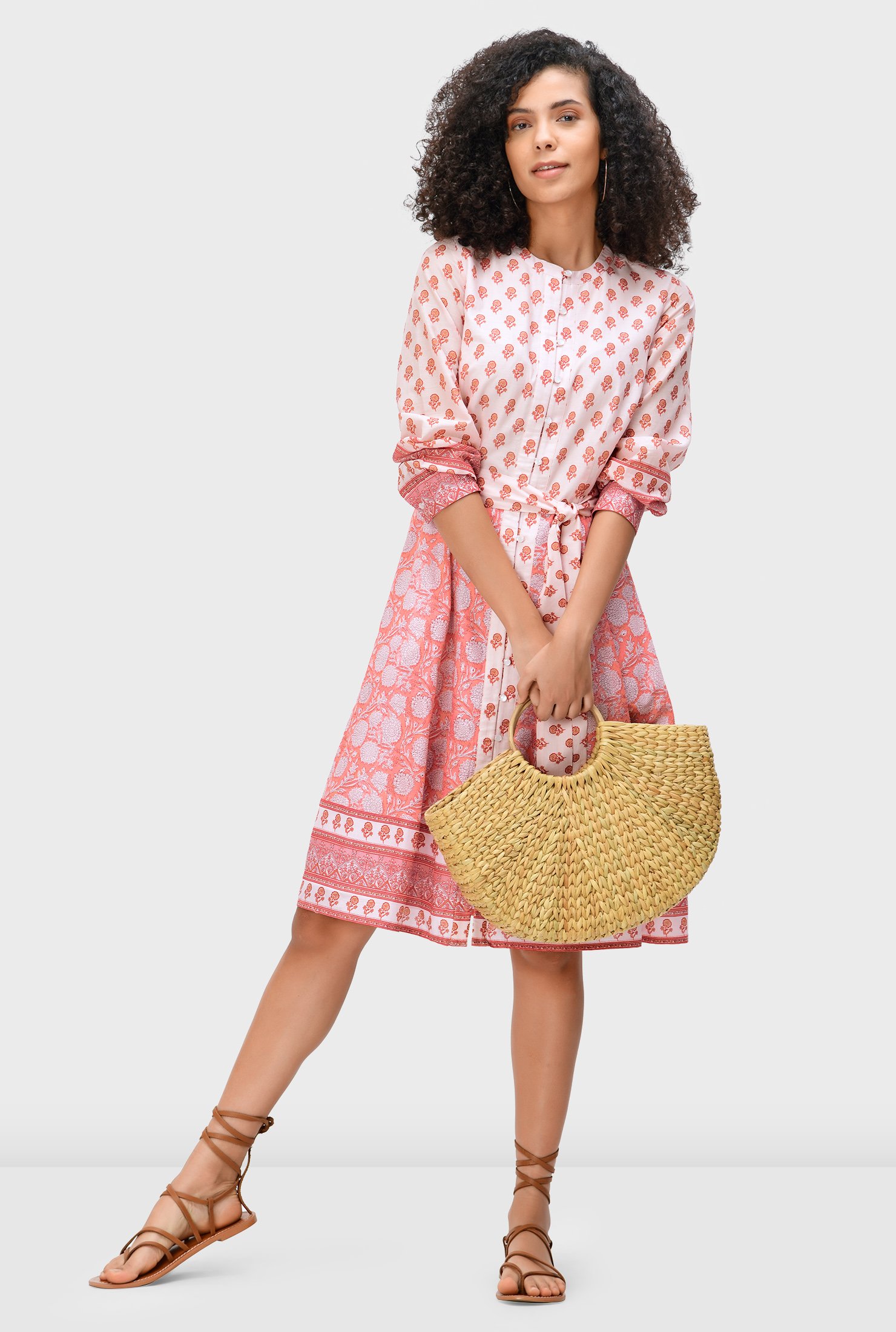 Shop Mixed floral block print cotton voile sash-tie shirtdress