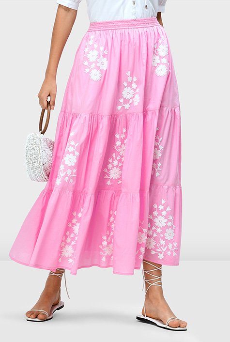 Floral embroidery cotton voile tiered skirt