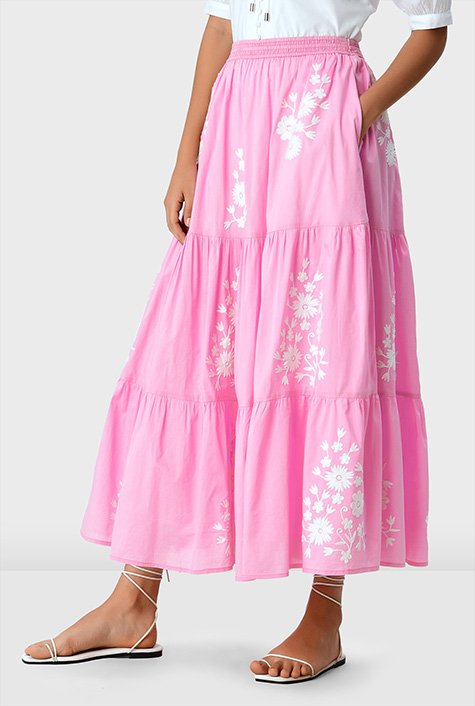 Floral embroidery cotton voile tiered skirt